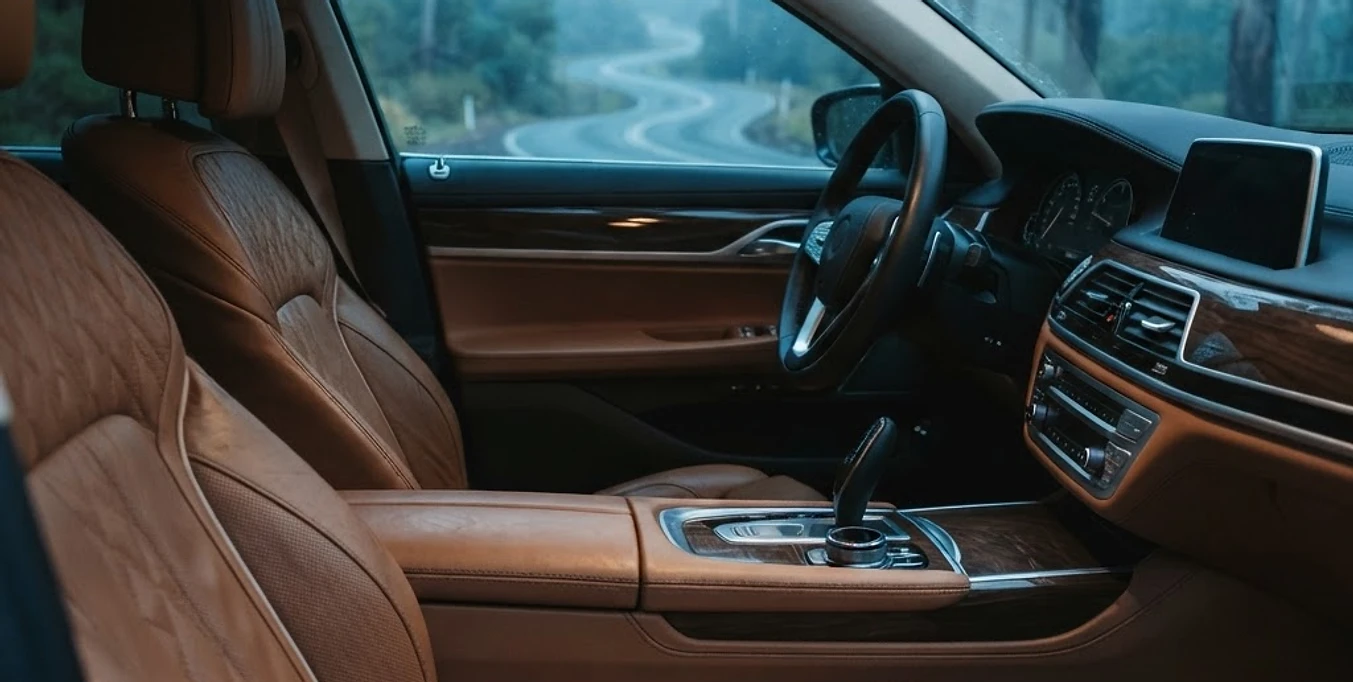 Interior of a luxury sedan at dusk, forest through the window